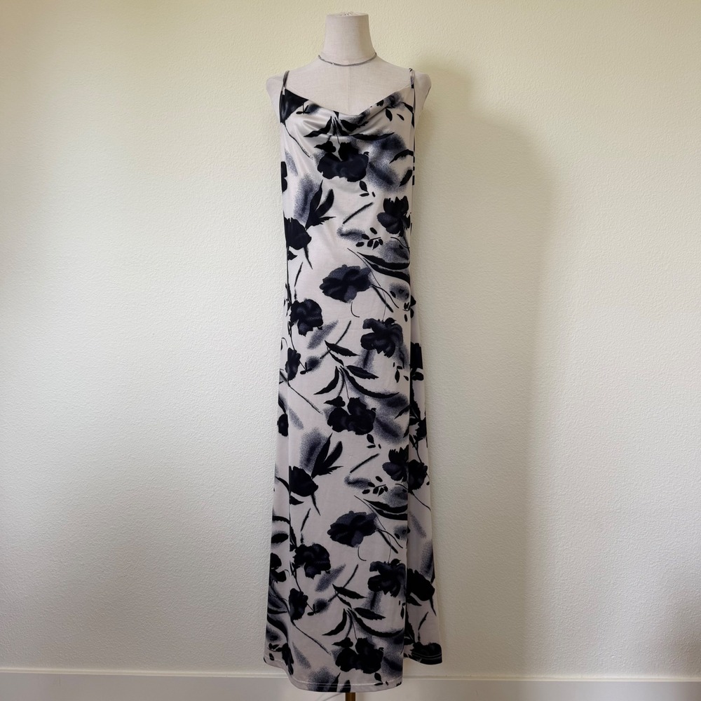 90d Y2K Floral Maxi Dress Cowl Neck Sleeveless Cream Black Dark Romantic